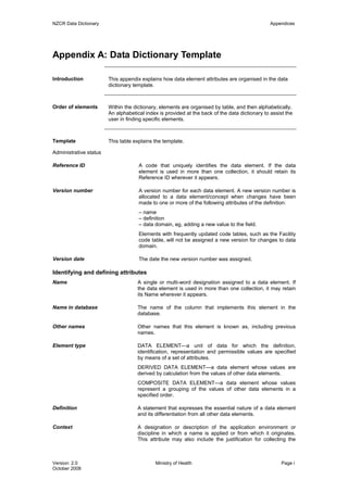 NZCR Data Dictionary                                                                            Appendices




Appendix A: Data Dictionary Template

Introduction            This appendix explains how data element attributes are organised in the data
                        dictionary template.



Order of elements       Within the dictionary, elements are organised by table, and then alphabetically.
                        An alphabetical index is provided at the back of the data dictionary to assist the
                        user in finding specific elements.



Template                This table explains the template.

Administrative status

Reference ID                         A code that uniquely identifies the data element. If the data
                                     element is used in more than one collection, it should retain its
                                     Reference ID wherever it appears.

Version number                       A version number for each data element. A new version number is
                                     allocated to a data element/concept when changes have been
                                     made to one or more of the following attributes of the definition:
                                     – name
                                     – definition
                                     – data domain, eg, adding a new value to the field.
                                     Elements with frequently updated code tables, such as the Facility
                                     code table, will not be assigned a new version for changes to data
                                     domain.

Version date                         The date the new version number was assigned.

Identifying and defining attributes
Name                                 A single or multi-word designation assigned to a data element. If
                                     the data element is used in more than one collection, it may retain
                                     its Name wherever it appears.

Name in database                     The name of the column that implements this element in the
                                     database.

Other names                          Other names that this element is known as, including previous
                                     names.

Element type                         DATA ELEMENT—a unit of data for which the definition,
                                     identification, representation and permissible values are specified
                                     by means of a set of attributes.
                                     DERIVED DATA ELEMENT—a data element whose values are
                                     derived by calculation from the values of other data elements.
                                     COMPOSITE DATA ELEMENT—a data element whose values
                                     represent a grouping of the values of other data elements in a
                                     specified order.

Definition                           A statement that expresses the essential nature of a data element
                                     and its differentiation from all other data elements.

Context                              A designation or description of the application environment or
                                     discipline in which a name is applied or from which it originates.
                                     This attribute may also include the justification for collecting the



Version: 2.0                                 Ministry of Health                                      Page i
October 2008
 