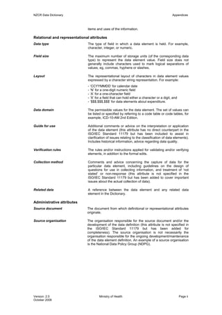 NZCR Data Dictionary                                                                         Appendices



                              items and uses of the information.

Relational and representational attributes
Data type                      The type of field in which a data element is held. For example,
                               character, integer, or numeric.

Field size                     The maximum number of storage units (of the corresponding data
                               type) to represent the data element value. Field size does not
                               generally include characters used to mark logical separations of
                               values, eg, commas, hyphens or slashes.

Layout                         The representational layout of characters in data element values
                               expressed by a character string representation. For example:
                               - ‘CCYYMMDD’ for calendar date
                               - ‘N’ for a one-digit numeric field
                               - ‘A’ for a one-character field
                               - ‘X’ for a field that can hold either a character or a digit, and
                               - ‘$$$,$$$,$$$’ for data elements about expenditure.

Data domain                    The permissible values for the data element. The set of values can
                               be listed or specified by referring to a code table or code tables, for
                               example, ICD-10-AM 2nd Edition.

Guide for use                  Additional comments or advice on the interpretation or application
                               of the data element (this attribute has no direct counterpart in the
                               ISO/IEC Standard 11179 but has been included to assist in
                               clarification of issues relating to the classification of data elements).
                               Includes historical information, advice regarding data quality.

Verification rules             The rules and/or instructions applied for validating and/or verifying
                               elements, in addition to the formal edits.

Collection method              Comments and advice concerning the capture of data for the
                               particular data element, including guidelines on the design of
                               questions for use in collecting information, and treatment of ‘not
                               stated’ or non-response (this attribute is not specified in the
                               ISO/IEC Standard 11179 but has been added to cover important
                               issues about the actual collection of data).

Related data                   A reference between the data element and any related data
                               element in the Dictionary.

Administrative attributes
Source document               The document from which definitional or representational attributes
                              originate.

Source organisation           The organisation responsible for the source document and/or the
                              development of the data definition (this attribute is not specified in
                              the ISO/IEC Standard 11179 but has been added for
                              completeness). The source organisation is not necessarily the
                              organisation responsible for the ongoing development/maintenance
                              of the data element definition. An example of a source organisation
                              is the National Data Policy Group (NDPG).




Version: 2.0                           Ministry of Health                                           Page ii
October 2008
 