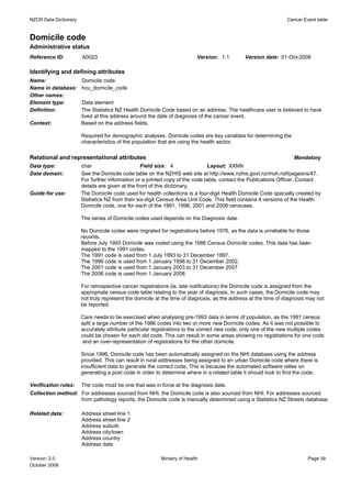 NZCR Data Dictionary                                                                                            Cancer Event table


Domicile code
Administrative status
Reference ID:          A0023                                              Version: 1.1        Version date: 01-Oct-2008

Identifying and defining attributes
Name:                  Domicile code
Name in database:      hcu_domicile_code
Other names:
Element type:          Data element
Definition:            The Statistics NZ Health Domicile Code based on an address. The healthcare user is believed to have
                       lived at this address around the date of diagnosis of the cancer event.
Context:               Based on the address fields.

                       Required for demographic analyses. Domicile codes are key variables for determining the
                       characteristics of the population that are using the health sector.

Relational and representational attributes                                                                         Mandatory
Data type:             char                       Field size: 4               Layout: XXNN
Data domain:           See the Domicile code table on the NZHIS web site at http://www.nzhis.govt.nz/moh.nsf/pagesns/47.
                       For further information or a printed copy of the code table, contact the Publications Officer. Contact
                       details are given at the front of this dictionary.
Guide for use:         The Domicile code used for health collections is a four-digit Health Domicile Code specially created by
                       Statistics NZ from their six-digit Census Area Unit Code. This field contains 4 versions of the Health
                       Domicile code, one for each of the 1991, 1996, 2001 and 2006 censuses.

                       The series of Domicile codes used depends on the Diagnosis date.

                       No Domicile codes were migrated for registrations before 1976, as the data is unreliable for those
                       records.
                       Before July 1993 Domicile was coded using the 1986 Census Domicile codes. This data has been
                       mapped to the 1991 codes.
                       The 1991 code is used from 1 July 1993 to 31 December 1997.
                       The 1996 code is used from 1 January 1998 to 31 December 2002.
                       The 2001 code is used from 1 January 2003 to 31 December 2007
                       The 2006 code is used from 1 January 2008

                       For retrospective cancer registrations (ie, late notifications) the Domicile code is assigned from the
                       appropriate census code table relating to the year of diagnosis. In such cases, the Domicile code may
                       not truly represent the domicile at the time of diagnosis, as the address at the time of diagnosis may not
                       be reported.

                       Care needs to be exercised when analysing pre-1993 data in terms of population, as the 1991 census
                       split a large number of the 1986 codes into two or more new Domicile codes. As it was not possible to
                       accurately attribute particular registrations to the correct new code, only one of the new multiple codes
                       could be chosen for each old code. This can result in some areas showing no registrations for one code
                        and an over-representation of registrations for the other domicile.

                       Since 1996, Domicile code has been automatically assigned on the NHI database using the address
                       provided. This can result in rural addresses being assigned to an urban Domicile code where there is
                       insufficient data to generate the correct code. This is because the automated software relies on
                       generating a post code in order to determine where in a related table it should look to find the code.

Verification rules:    The code must be one that was in force at the diagnosis date.
Collection method: For addresses sourced from NHI, the Domicile code is also sourced from NHI. For addresses sourced
                   from pathology reports, the Domicile code is manually determined using a Statistics NZ Streets database.

Related data:          Address street line 1
                       Address street line 2
                       Address suburb
                       Address city/town
                       Address country
                       Address date

Version: 2.0                                             Ministry of Health                                              Page 39
October 2008
 