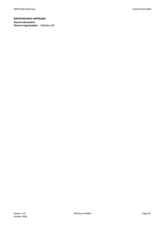 NZCR Data Dictionary                                      Cancer Event table



Administrative attributes
Source document:
Source organisation: Statistics NZ




Version: 2.0                         Ministry of Health            Page 40
October 2008
 