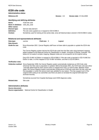 NZCR Data Dictionary                                                                                             Cancer Event table


ICD9 site code
Administrative status
Reference ID:                                                              Version: 2.0       Version date: 01-Oct-2008

Identifying and defining attributes
Name:                  ICD9 site code
Name in database:      icd9_site_code
Other names:
Element type:          Derived data element
Definition:            The site code supplied as or mapped to ICD-9-CMA-II.
Context:               Sometimes used for looking at time series data, since all historical data is stored in ICD-9-CMA-II codes.


Relational and representational attributes
Data type:             varchar                  Field size: 8                  Layout:
Data domain:
Guide for use:         Since November 2001, Cancer Registry staff have not been able to populate or update the ICD-9 site
                       code.

                       The Cancer Registry system derives the ICD-9 site code from the Site code using backward mapping
                       tables supplied by the National Centre for Classification in Health, University of Sydney, Australia. The
                       tables do not support complex mapping. Mapped codes are not as specific as the original coding.

                       Only ICD-10-AM 1st Edition is mapped to ICD-9-CMA-II. If the site code is reported in ICD-10-AM 2nd
                       Edition or later, it is first mapped to ICD-10-AM 1st Edition, and then to ICD-9-CMA-II.
Verification rules:
Collection method: Since September 2008, the Cancer Registry system automatically (re)derives an ICD-9 site code
                   whenever the Site code is populated or updated. Before November 2001, the ICD-9 site code was either
                    manually determined for each cancer event or mapped from ICD-7 or ICD-8 codes. Between these
                   dates, the Cancer Registry system automatically (re)derived an ICD9 site code when the site code was
                   first populated, or when the cancer event was updated for any reason. This has caused much of the
                   original ICD9 coding to be overwritten (but there are plans to reinstate the original ICD9 data from
                   archived records).

                       Sometimes sourced from hospital discharge event ICD9 diagnosis codes.
Related data:          Site code


Administrative attributes
Source document:
Source organisation: National Centre for Classification in Health




Version: 2.0                                              Ministry of Health                                              Page 48
October 2008
 
