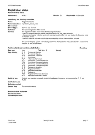 NZCR Data Dictionary                                                                                           Cancer Event table


Registration status
Administrative status
Reference ID:          A0317                                              Version: 2.0      Version date: 01-Oct-2008

Identifying and defining attributes
Name:                  Registration status
Name in database:      registration_status_code
Other names:
Element type:          Derived data element
Definition:            The processing status of the record.
Context:               The registration status incorporates the following information:
                       - the first character indicates whether the cancer event has ever been registered
                       - the second character indicates whether it was diagnosed in NZ or not, and whether its Behaviour code
                       is uncertain or not.
                       - the third character indicates how far the cancer event is through the registration process.

                       The Cancer Registry system automatically determines the registration status based on the Assessment
                       decision as well as other fields.


Relational and representational attributes                                                                       Mandatory
Data type:             char                    Field size: 3                  Layout:
Data domain:           P_C      Provisional Checked
                       P_J      Provisional Rejected
                       POP      Provisional Overseas
                       P_P      Provisional
                       PUP       Provisional Uncertain
                       POC      Provisional Overseas Checked
                       POJ      Provisional Overseas Rejected
                       PUC      Provisional Uncertain Checked
                       PUJ      Provisional Uncertain Rejected
                       R_C      Registered Complete
                       R_D      Registered Deleted
                       ROR      Registered Overseas
                       R_R      Registered
                       ROC      Registered Overseas Complete
                       ROD      Registered Overseas Deleted
Guide for use:         Analysis and reporting are usually limited to New Zealand registered cancer events (i.e. 'R_R' and
                       'R_C').
Verification rules:
Collection method:
Related data:          Documentation status


Administrative attributes
Source document:
Source organisation:




Version: 2.0                                             Ministry of Health                                             Page 63
October 2008
 