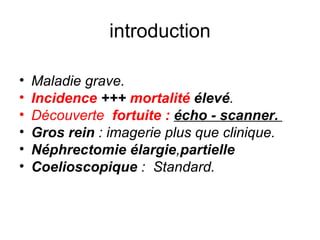 introduction Maladie grave.  Incidence  +++  mortalité  élevé . Découverte  fortuite :  écho - scanner.  Gros rein  : imagerie plus que clinique. Néphrectomie élargie , partielle   Coelioscopique  :  Standard. 
