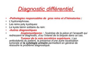 Diagnostic différentiel     -Pathologies responsables de  gros reins et d’hématuries  : L’hydronéphrose . Les reins poly kystiques:  Le kyste bénin solitaire du rein: -Autres diagnostiques Angiomyolipome  :   l’exérèse de la pièce et l’anapath qui redressent le diagnostic, d’ou l’interet de la biopsie dans ce cas. Tumeur de la voie excrétrice supérieure  :  Les antécédents du patient, la présence d’une autre localisation tumorale et  la cytologie urinaire  permettent en général de résoudre le problème diagnostique. 