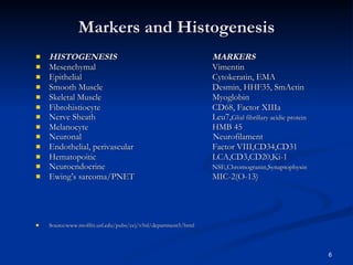 Markers and Histogenesis HISTOGENESIS MARKERS Mesenchymal Vimentin Epithelial Cytokeratin, EMA Smooth Muscle Desmin, HHF35, SmActin Skeletal Muscle Myoglobin Fibrohistiocyte CD68, Factor XIIIa Nerve Sheath Leu7, Glial fibrillary acidic protein Melanocyte HMB 45 Neuronal    Neurofilament Endothelial, perivascular Factor VIII,CD34,CD31 Hematopoitic LCA,CD3,CD20,Ki-1 Neuroendocrine NSE,Chromogranin,Synaptophysin Ewing’s sarcoma/PNET MIC-2(O-13) Source:www.moffitt.usf.edu/pubs/ccj/v5nl/department5/html 