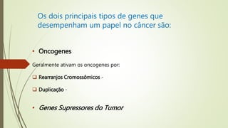 Os dois principais tipos de genes que
desempenham um papel no câncer são:
• Oncogenes
Geralmente ativam os oncogenes por:
 Rearranjos Cromossômicos -
 Duplicação -
• Genes Supressores do Tumor
 