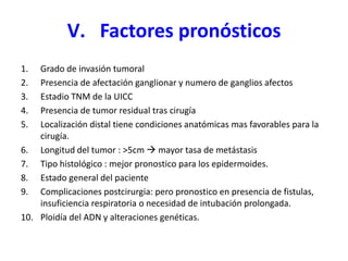 V. Factores pronósticos
1. Grado de invasión tumoral
2. Presencia de afectación ganglionar y numero de ganglios afectos
3. Estadio TNM de la UICC
4. Presencia de tumor residual tras cirugía
5. Localización distal tiene condiciones anatómicas mas favorables para la
cirugía.
6. Longitud del tumor : >5cm  mayor tasa de metástasis
7. Tipo histológico : mejor pronostico para los epidermoides.
8. Estado general del paciente
9. Complicaciones postcirurgia: pero pronostico en presencia de fistulas,
insuficiencia respiratoria o necesidad de intubación prolongada.
10. Ploidía del ADN y alteraciones genéticas.
 