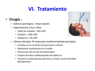 VI. Tratamiento
• Cirugía :
– Exéresis quirúrgica : mejor opción
– Supervivencia a los 5 años
• Todos los estadios : 20%-25%
• Estadios I : 60%-70%
• Estadios III : 5%-10%
– Ultimas décadas  reducción morbimortalidad quirúrgica
• Cambios en la nutrición de parenteral a enteral
• Realización anastomosis en el cuello
• Diminución del uso de hemoderivados
• Empleo de tubos endotraqueales de doble luz
• Anestesia combinada que permite un mejor control del dolor
postoperativo
 