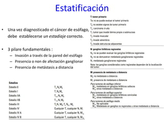 Estatificación
• Una vez diagnosticado el cáncer de esófago,
debe establecerse un estadiaje correcto.
• 3 pilare fundamentales :
– Invasión a través de la pared del esófago
– Presencia o non de afectación ganglionar
– Presencia de metástasis a distancia
 