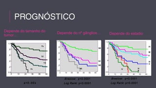 PROGNÓSTICO 
Depende do tamanho do 
tumor… 
p<0.001 
Depende do nº gânglios… 
Breslow: p<0.0001 
Log Rank : p<0.0001 
Depende do estadio 
Breslow: p<0.0001 
Log Rank : p<0.0001 
 