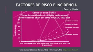 FACTORES DE RISCO E INCIDÊNCIA 
- Sexo e Idade 
Fonte: Cancer Statistics Review, 1973-1996, SEER, NCI (http://www.ff.uc.pt/) 
 