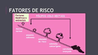 FATORES DE RISCO 
FFaaccttoorreess 
GGeennééttiiccooss ee 
aammbbiieennttaaiiss 
PÓLIPOS COLO-RECTAIS 
mucosa 
normal 
pequeno 
adenoma 
adenoma 
de risco 
adenoma 
cancerígeno 
carcinoma 
avançado 
 