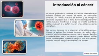 Introducción al cáncer
Es posible que el cáncer comience en cualquier parte del cuerpo
humano, formado por billones de células. En condiciones
normales, las células humanas se forman y se multiplican
(mediante un proceso que se llama división celular) para formar
células nuevas a medida que el cuerpo las necesita. Cuando las
células envejecen o se dañan, mueren y las células nuevas las
reemplazan.
Los tumores benignos no se diseminan a los tejidos cercanos.
Cuando se extirpan los tumores benignos, no suelen volver,
mientras que los tumores cancerosos a veces vuelven. Pero los
tumores benignos a veces son bastante grandes. Algunos podrían
causar síntomas graves o poner en peligro la vida de la persona,
como los tumores benignos en el cerebro o el encéfalo.
 
