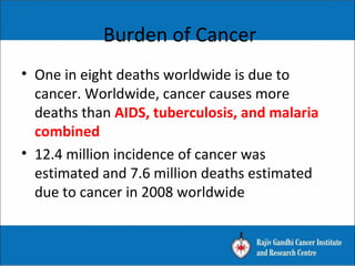 Burden of Cancer
• One in eight deaths worldwide is due to
cancer. Worldwide, cancer causes more
deaths than AIDS, tuberculosis, and malaria
combined
• 12.4 million incidence of cancer was
estimated and 7.6 million deaths estimated
due to cancer in 2008 worldwide
 