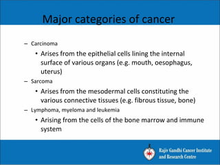 – Carcinoma
• Arises from the epithelial cells lining the internal
surface of various organs (e.g. mouth, oesophagus,
uterus)
– Sarcoma
• Arises from the mesodermal cells constituting the
various connective tissues (e.g. fibrous tissue, bone)
– Lymphoma, myeloma and leukemia
• Arising from the cells of the bone marrow and immune
system
Major categories of cancer
 