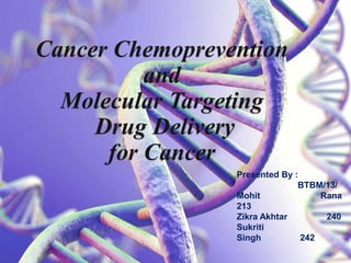 Cancer Chemoprevention
and
Molecular Targeting
Drug Delivery
for Cancer
Presented By :
BTBM/13/
Mohit Rana
213
Zikra Akhtar 240
Sukriti
Singh 242
 