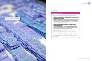 46 Cancerfondsrapporten 2013 Cancerfondsrapporten 2013 47
forskningforskning
Cancerfonden anser:
För att ge forskare bättre möjligheter bör följande prioriteras:
	Förbättra möjligheterna för vårdpersonal att kombinera klinisk
verksamhet och forskning.
Förbättringsarbetet kring den kliniska forskningen måste ner på
detaljnivå och handla om praktiska frågor kring tjänstesituation,
schemaläggning, arbetstid och bemanning – annars kommer vi
aldrig att uppnå några vackra visioner.
	 Stoppa den nedåtgående trenden när det gäller kliniska
läkemedelsprövningar.
En viktig utgångspunkt är att kliniska läkemedelsprövningar
leder till tidig introduktion av nya läkemedel – vilka för cancer-
vårdens patienter ofta är direkt livsförlängande.
	 Förbättra attityden till forskning, som den speglas av
verksamhetschefer och arbetskultur inom landstingen.
Två kraftfulla åtgärder för att uppnå detta är dels att se till att
sjukvårdshuvudmännens uppdrag på ett tydligare sätt inne­
fattar forskning, dels att mäta och utvärdera den forskning
som bedrivs.
i korthet
Tumörprover ingjutna i paraffin, förberedda för
att bli tunna snitt som kan studeras i mikroskop.
 