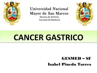 Universidad Nacional
   Mayor de San Marcos
        Decana de América
       Facultad de Medicina




CANCER GASTRICO

                      GESMED – SF
               Isabel Pinedo Torres
 