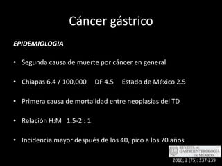Cáncer gástricoEPIDEMIOLOGIASegunda causa de muerte por cáncer en generalChiapas 6.4 / 100,000     DF 4.5     Estado de México 2.5Primera causa de mortalidad entre neoplasias del TDRelación H:M   1.5-2 : 1Incidencia mayor después de los 40, pico a los 70 años2010; 2 (75): 237-239