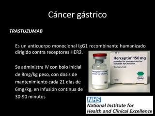 Cáncer gástricoTRASTUZUMAB	Es un anticuerpo monoclonal IgG1 recombinante humanizado dirigido contra receptores HER2.	Se administra IV con bolo inicial	de 8mg/kg peso, con dosis de	mantenimiento cada 21 días de	6mg/kg, en infusión continua de	30-90 minutos
