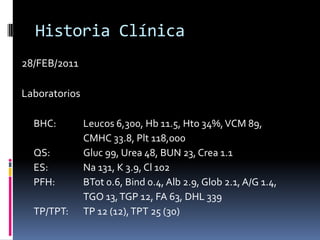 Historia Clínica28/FEB/2011Laboratorios	BHC: 	Leucos 6,300, Hb 11.5, Hto 34%, VCM 89,			CMHC 33.8, Plt 118,000	QS:		Gluc 99, Urea 48, BUN 23, Crea 1.1	ES:		Na 131, K 3.9, Cl 102	PFH:	BTot 0.6, Bind 0.4, Alb 2.9, Glob 2.1, A/G 1.4,			TGO 13, TGP 12, FA 63, DHL 339	TP/TPT:	TP 12 (12), TPT 25 (30)