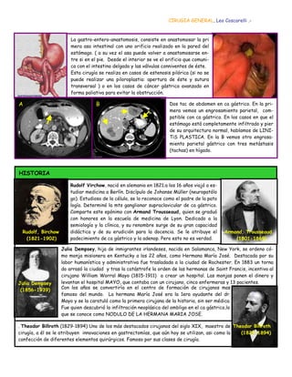 CIRUGIA GENERAL, Leo Coscarelli .-


                       La gastro-entero-anastomosis, consiste en anastomosar la pri
                       mera asa intestinal con uno orificio realizado en la pared del
                       estómago. ( a su vez el asa puede volver a anastomosarse en-
                       tre si en el pie. Desde el interior se ve el orificio que comuni-
                       ca con el intestino delgado y las válvulas conniventes de éste.
                       Esta cirugía se realiza en casos de estenosis pilórica (si no se
                       puede realizar una piloroplastia: apertura de éste y sutura
                       transversal ) o en los casos de cáncer gástrico avanzado en
                       forma paliativa para evitar la obstrucción.

A                                 B                                  Dos tac de abdomen en ca gástrico. En la pri-
                                                                     mera vemos un engrosamiento parietal, com-
                                                                     patible con ca gástrico. En los casos en que el
                                                                     estómago está completamente infiltrado y pier
                                                                     de su arquitectura normal, hablamos de LINI-
                                                                     TiS PLASTICA. En la B vemos otro engrosa-
                                                                     miento parietal gástrico con tres metástasis
                                                                     (tachas) en hígado.



HISTORIA

                       Rudolf Virchow, nació en alemania en 1821;a los 16 años viajó a es-
                       tudiar medicina a Berlín. Discípulo de Johanse Müller (neuropatólo
                       go). Estudioso de la célula, se lo reconoce como el padre de la pato
                       logía. Determinó la mts ganglionar supraclavicular de ca gástrico.
                       Comparte este epónimo con Armand Trousseaud, quien se graduó
                       con honores en la escuela de medicina de Lyon. Dedicado a la
                       semiología y la clínica, y su renombre surge de su gran capacidad
 Rudolf, Birchow       didáctica y de su erudición para la docencia. Se le atribuye el        Armand, Trousseaud
  (1821-1902)          padecimiento de ca gástrico y la adenop. Pero esto no es verdad.           (1801-1869)

                   Julia Dempsey, hija de inmigrantes irlandeses, nacida en Salamanca, New York, se ordeno có-
                   mo monja misionera en Kentucky a los 22 años, como Hermana María José. Destacada por su
                   labor humanística y administrativa fue trasladada a la ciudad de Rochester. En 1883 un torna
                   do arrasó la ciudad y tras la catástrofe la orden de las hermanas de Saint Francis, incentiva al
                   cirujano William Worral Mayo (1815-1911) a crear un hospital. Las monjas ponen el dinero y
Julia Dempsey      levantan el hospital MAYO, que contaba con un cirujano, cinco enfermeras y 13 pacientes.
 (1856-1939)       Con los años se convertiría en el centro de formación de cirujanos mas
                   famoso del mundo. La hermana María José era la 1era ayudante del dr.
                   Mayo y se la caratuló como la primera cirujana de la historia, sin ser médica.
                   Fue quien descubrió la infiltración neoplásica del ombligo en el ca gástrico,lo
                   que se conoce como NODULO DE LA HERMANA MARIA JOSE.

. Theodor Billroth (1829-1894) Uno de los más destacados cirujanos del siglo XIX, maestro de Theodor Billroth
cirugía, a él se le atribuyen innovaciones en gastrectomías, que aún hoy se utilizan, asi como la (1829-1894)
confección de diferentes elementos quirúrgicos. Famoso por sus clases de cirugía.
 