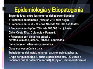 Epidemiología y Etiopatogenia
Segundo lugar entre los tumores del aparato digestivo.
+ Frecuente en hombres (relación 2-1)...