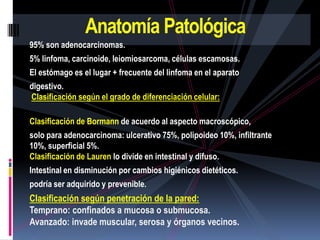 Anatomía Patológica
95% son adenocarcinomas.
5% linfoma, carcinoide, leiomiosarcoma, células escamosas.
El estómago es el ...
