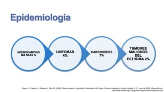 Epidemiología

ADENOCARCINO
MA 90-95 %

LINFOMAS
4%

CARCINOIDES
3%

TUMORES
MALIGNOS
DEL
ESTROMA 2%

López, H., Ospina, J., Rubiano J., Rey, M. (2009). Cancer gástrico. Asociación Colombiana de Cirugía, Guías de manejo en cirugía. Bogotá, D. C., junio de 2009. Disponible en:
http://www.ascolcirugia.org/guiasCirugia/cancer%20gastrico.pdf

 
