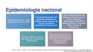 Epidemiología nacional
Se diagnosticaron 7.700
casos nuevos en el 2007.

1a causa de muerte por
tumores malignos en
ambos sexos, a pesar de
no ser la primera
neoplasia en frecuencia.

La Cruz, Nariño, una de
las mayores incidencias
del mundo.

Alta mortalidad: Nariño,
Boyacá, Cundinamarca,
Tolima, Bogotá y
Santander. Mortalidad
alta-moderada: Antioquia,
Valle y Norte de
Santander.

Más de la mitad de los
pacientes el diagnóstico
se hace en los estadios
avanzados de la
enfermedad.

López, H., Ospina, J., Rubiano J., Rey, M. (2009). Cancer gástrico. Asociación Colombiana de Cirugía, Guías de manejo en cirugía. Bogotá, D. C., junio de 2009. Disponible en:
http://www.ascolcirugia.org/guiasCirugia/cancer%20gastrico.pdf

 