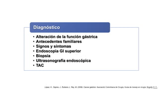 Diagnóstico
•
•
•
•
•
•
•

Alteración de la función gástrica
Antecedentes familiares
Signos y síntomas
Endoscopia GI superior
Biopsia
Ultrasonografía endoscópica
TAC

López, H., Ospina, J., Rubiano J., Rey, M. (2009). Cancer gástrico. Asociación Colombiana de Cirugía, Guías de manejo en cirugía. Bogotá, D. C.,

 