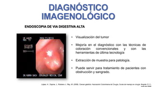 DIAGNÓSTICO
IMAGENOLÓGICO
ENDOSCOPIA DE VIA DIGESTIVA ALTA
• Visualización del tumor
• Mejoría en el diagnóstico con las técnicas de
coloración
convencionales
y
con
las
herramientas de última tecnología
• Extracción de muestra para patología.
• Puede servir para tratamiento de pacientes con
obstrucción y sangrado.

López, H., Ospina, J., Rubiano J., Rey, M. (2009). Cancer gástrico. Asociación Colombiana de Cirugía, Guías de manejo en cirugía. Bogotá, D. C.,

 