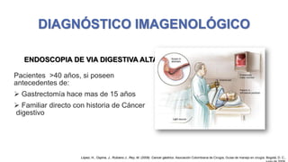 DIAGNÓSTICO IMAGENOLÓGICO
ENDOSCOPIA DE VIA DIGESTIVA ALTA
Pacientes >40 años, si poseen
antecedentes de:

 Gastrectomía hace mas de 15 años
 Familiar directo con historia de Cáncer
digestivo

López, H., Ospina, J., Rubiano J., Rey, M. (2009). Cancer gástrico. Asociación Colombiana de Cirugía, Guías de manejo en cirugía. Bogotá, D. C.,

 
