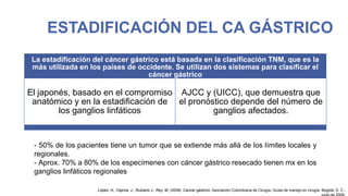 ESTADIFICACIÓN DEL CA GÁSTRICO
La estadificación del cáncer gástrico está basada en la clasificación TNM, que es la
más utilizada en los países de occidente. Se utilizan dos sistemas para clasificar el
cáncer gástrico

El japonés, basado en el compromiso AJCC y (UICC), que demuestra que
anatómico y en la estadificación de el pronóstico depende del número de
los ganglios linfáticos
ganglios afectados.

- 50% de los pacientes tiene un tumor que se extiende más allá de los límites locales y
regionales.
- Aprox. 70% a 80% de los especímenes con cáncer gástrico resecado tienen mx en los
ganglios linfáticos regionales
López, H., Ospina, J., Rubiano J., Rey, M. (2009). Cancer gástrico. Asociación Colombiana de Cirugía, Guías de manejo en cirugía. Bogotá, D. C.,

 