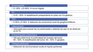 Ecotomografía
• S ~50% y E>85%  mx en hígado.
TC
• S 43 – 82%  estadificación preoperatoria en pctes con Ca gástrico.
TEP
• E 92% y E 56%  detección de compromiso local de ganglios linfáticos.

Laparoscopia
• Adecuada para evaluar las mx peritoneales y detectar las que no se observan
en la TC.
Endosonografía endoscópica
• Útil para determinar la profundidad de invasión del tumor.
65 – 92%  estadificación del tumor, 50 – 93%  ganglios.
Citología peritoneal
• Detección de carcinomatosis oculta en liquido peritoneal.

 