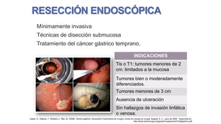 RESECCIÓN ENDOSCÓPICA
Mínimamente invasiva
Técnicas de disección submucosa
Tratamiento del cáncer gástrico temprano.
INDICACIONES
Tis o T1: tumores menores de 2
cm. limitados a la mucosa
Tumores bien o moderadamente
diferenciados.
Tumores menores de 3 cm

Ausencia de ulceración
Sin hallazgos de invasión linfática
o venosa.
López, H., Ospina, J., Rubiano J., Rey, M. (2009). Cancer gástrico. Asociación Colombiana de Cirugía, Guías de manejo en cirugía. Bogotá, D. C., junio de 2009. Disponible en:
http://www.ascolcirugia.org/guiasCirugia/cancer%20gastrico.pdf

 