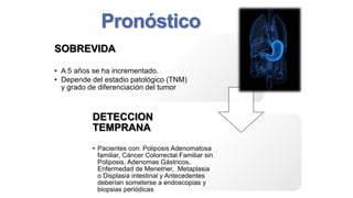 Pronóstico
SOBREVIDA
• A 5 años se ha incrementado.
• Depende del estadio patológico (TNM)
y grado de diferenciación del tumor

DETECCION
TEMPRANA
• Pacientes con: Poliposis Adenomatosa
familiar, Cáncer Colorrectal Familiar sin
Poliposis, Adenomas Gástricos,
Enfermedad de Menetrier, Metaplasia
o Displasia intestinal y Antecedentes
deberían someterse a endoscopias y
biopsias periódicas
American Cancer Society. Cáncer de estómago. 2012. Disponible en: http://www.cancer.org/espanol/cancer/cancerdeestomago/guiadetallada/index

 