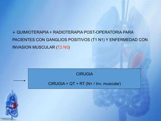  QUIMIOTERAPIA + RADIOTERAPIA POST-OPERATORIA PARA
PACIENTES CON GANGLIOS POSITIVOS (T1 N1) Y ENFERMEDAD CON
INVASION MUSCULAR (T2 N0)
CIRUGIA
CIRUGIA + QT + RT (N+ / Inv. muscular)
 
