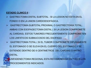 ESTADIO CLINICO II :
 GASTRECTOMIA DISTAL SUBTOTAL : SI LA LESION NO ESTA EN EL
FONDO O EN LA UNION CARDIOESOFÁGICA.
 GASTRECTOMIA SUBTOTAL PROXIMAL O GASTRECTOMIA TOTAL,
AMBAS CON ESOFAGECTOMIA DISTAL ( SI LA LESION COMPROMETE
AL CARDIAS). ESTOS TUMORES FRECUENTEMENTE COMPROMETEN
LOS LINFATICOS SUBMUCOSOS DEL ESOFAGO
 GASTRECTOMIA TOTAL ( SI EL TUMOR COMPROMETE DIFUSAMENTE
EL ESTOMAGO O SE ELEVA EN EL CUERPO DEL ESTOMAGO Y SE
EXTIENDE DENTRO DE 6 CENTIMETROS DEL CARDIAS O ANTRO
DISTAL.
 LINFADENECTOMIA REGIONAL ESTA RECOMENDADA EN TODOS LOS
PROCEDIMIENTOS INDICADOS.
 