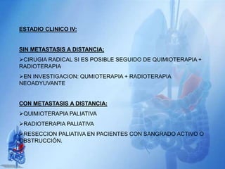 ESTADIO CLINICO IV:
SIN METASTASIS A DISTANCIA;
CIRUGIA RADICAL SI ES POSIBLE SEGUIDO DE QUIMIOTERAPIA +
RADIOTERAPIA
EN INVESTIGACION: QUMIOTERAPIA + RADIOTERAPIA
NEOADYUVANTE
CON METASTASIS A DISTANCIA:
QUIMIOTERAPIA PALIATIVA
RADIOTERAPIA PALIATIVA
RESECCION PALIATIVA EN PACIENTES CON SANGRADO ACTIVO O
OBSTRUCCIÓN.
 