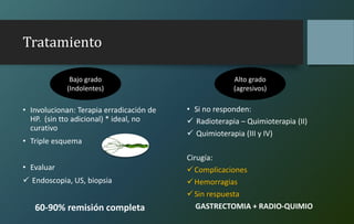 Tratamiento
• Involucionan: Terapia erradicación de
HP. (sin tto adicional) * ideal, no
curativo
• Triple esquema
• Evaluar
 Endoscopia, US, biopsia
60-90% remisión completa
Bajo grado
(Indolentes)
Alto grado
(agresivos)
• Si no responden:
 Radioterapia – Quimioterapia (II)
 Quimioterapia (III y IV)
Cirugía:
Complicaciones
Hemorragias
Sin respuesta
GASTRECTOMIA + RADIO-QUIMIO
 
