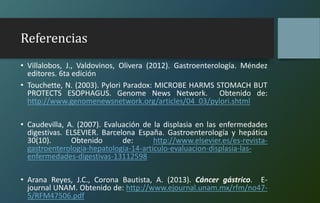 Referencias
• Villalobos, J., Valdovinos, Olivera (2012). Gastroenterología. Méndez
editores. 6ta edición
• Touchette, N. (2003). Pylori Paradox: MICROBE HARMS STOMACH BUT
PROTECTS ESOPHAGUS. Genome News Network. Obtenido de:
http://www.genomenewsnetwork.org/articles/04_03/pylori.shtml
• Caudevilla, A. (2007). Evaluación de la displasia en las enfermedades
digestivas. ELSEVIER. Barcelona España. Gastroenterología y hepática
30(10). Obtenido de: http://www.elsevier.es/es-revista-
gastroenterologia-hepatologia-14-articulo-evaluacion-displasia-las-
enfermedades-digestivas-13112598
• Arana Reyes, J.C., Corona Bautista, A. (2013). Cáncer gástrico. E-
journal UNAM. Obtenido de: http://www.ejournal.unam.mx/rfm/no47-
5/RFM47506.pdf
 