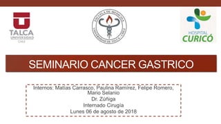 SEMINARIO CANCER GASTRICO
Internos: Matías Carrasco, Paulina Ramírez, Felipe Romero,
Mario Selanio
Dr. Zúñiga
Internado Cirugía
Lunes 06 de agosto de 2018
 