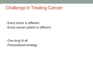 Challenge in Treating Cancer:
• Every tumor is different
• Every cancer patient is different
• One drug fit all
• Personalized strategy
 