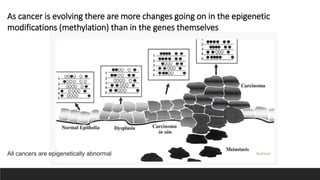 As cancer is evolving there are more changes going on in the epigenetic
modifications (methylation) than in the genes themselves
All cancers are epigenetically abnormal
 