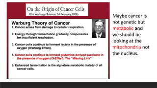 Maybe cancer is
not genetic but
metabolic and
we should be
looking at the
mitochondria not
the nucleus.
 