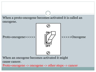 When a proto-oncogene becomes activated it is called an
oncogene.
Proto-oncogene>>>>> >>>>>Oncogene
When an oncogene becomes activated it might
cause cancer.
Proto-oncogene -> oncogene -> other steps -> cancer
 