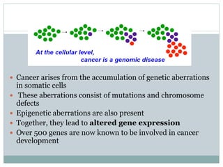  Cancer arises from the accumulation of genetic aberrations
in somatic cells
 These aberrations consist of mutations and chromosome
defects
 Epigenetic aberrations are also present
 Together, they lead to altered gene expression
 Over 500 genes are now known to be involved in cancer
development
 