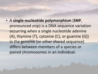 • A single-nucleotide polymorphism (SNP,
pronounced snip) is a DNA sequence variation
occurring when a single nucleotide adenine
(A), thymine (T), cytosine (C), or guanine (G])
in the genome (or other shared sequence)
differs between members of a species or
paired chromosomes in an individual.
 