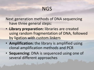 NGS
Next generation methods of DNA sequencing
have three general steps:
• Library preparation: libraries are created
using random fragmentation of DNA, followed
by ligation with custom linkers
• Amplification: the library is amplified using
clonal amplification methods and PCR
• Sequencing: DNA is sequenced using one of
several different approaches
 